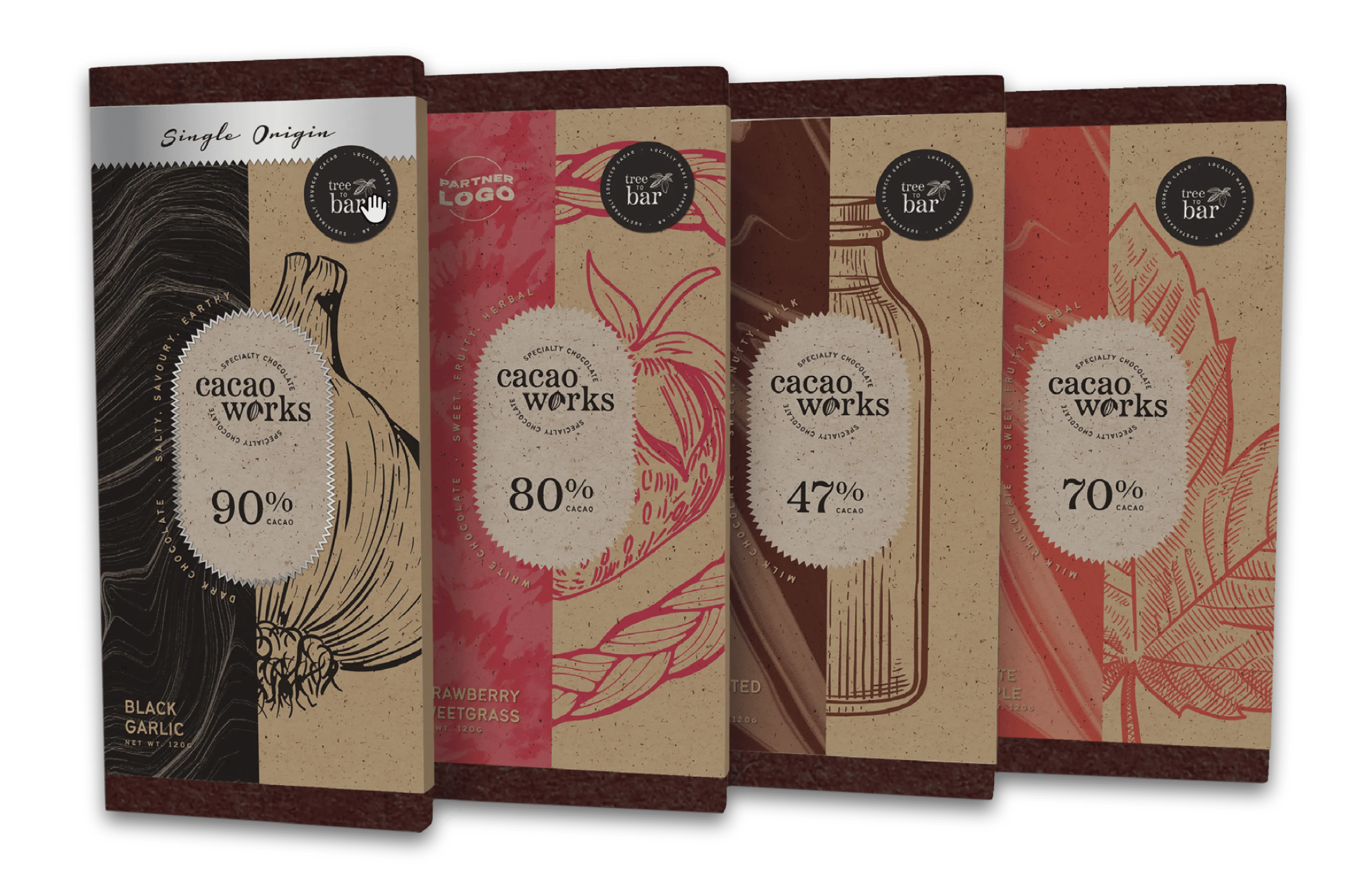 cacaoworks package of a 4 chocolate bars all with different cacao percentages. One with 90% one with 80% one with 47% and one with 70%