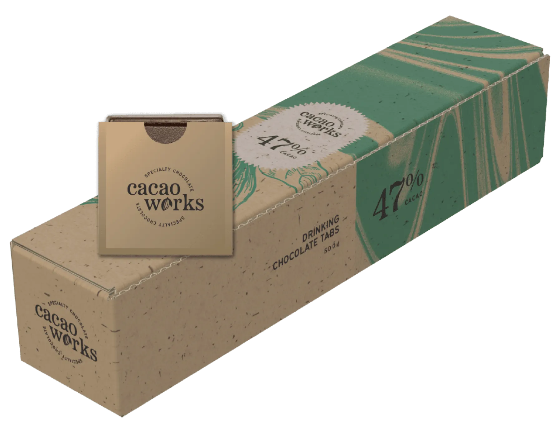 cacaoworks package of a 47% chocolate drinking tabs